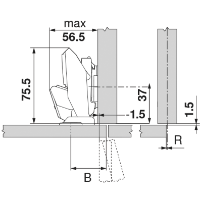 Blumotion bisagra Para Puertas Delgadas 110°, Tope Angular, Caz.: Expando T. Color Niquel.